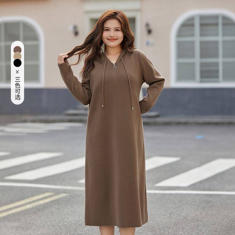 Fiber Show Large Size Half Zipper Hooded Dress Loose Straight Cut Slim Women's Slightly Fat mm2023 Winter Clothing New Style