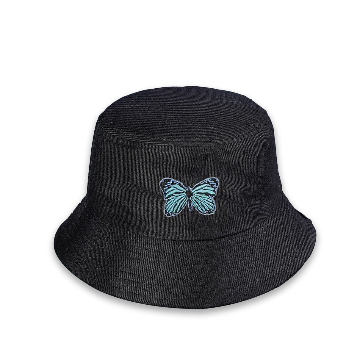 Nuevo sombrero de pescador de mariposa azul bordado simple todo partido sombrero de mujer de ala ancha cara de aspecto pequeño sombrero de lavabo de moda estilo coreano sombrero para el sol