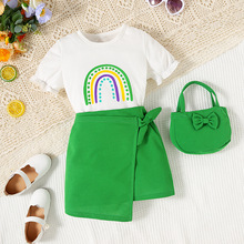 童裝新款跨境電商外貿夏季女小童彩虹印花圓領T恤+裙子包包三件套