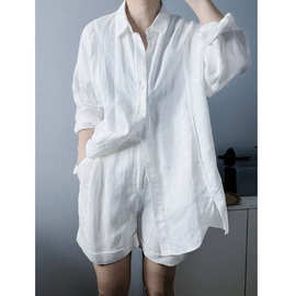 法式白色翻领苎麻棉麻防晒衬衫女夏季薄款款衬衣亚麻上衣2024新款