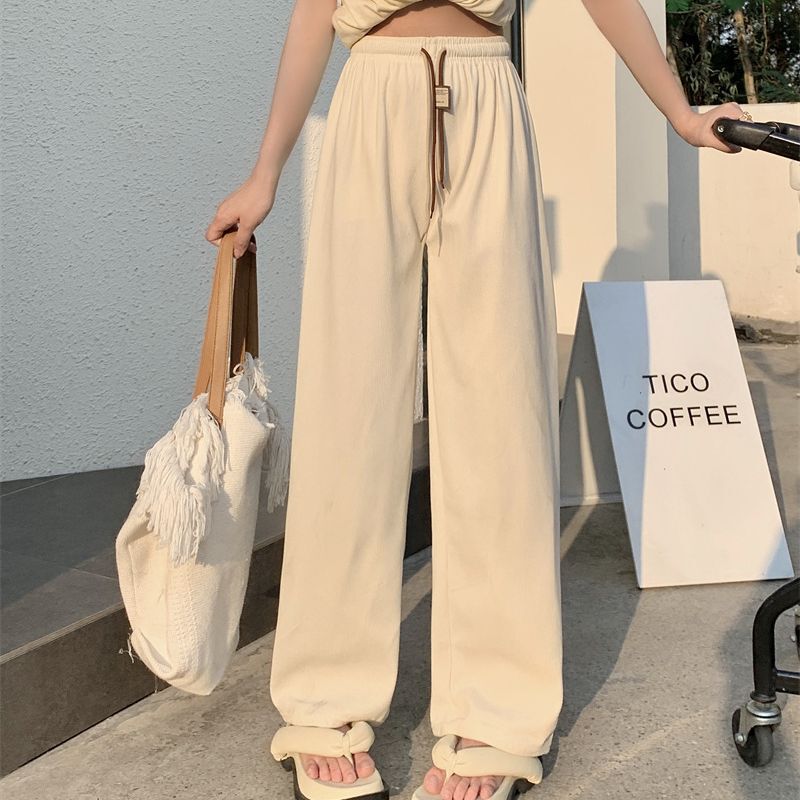 Ribbed European Cotton Smiley Face Double Drawstring Wide-Leg Pants for Women, Spring and Autumn High-Waisted Drapey Loose Straight Ultra-Fine Stripe Casual Pants