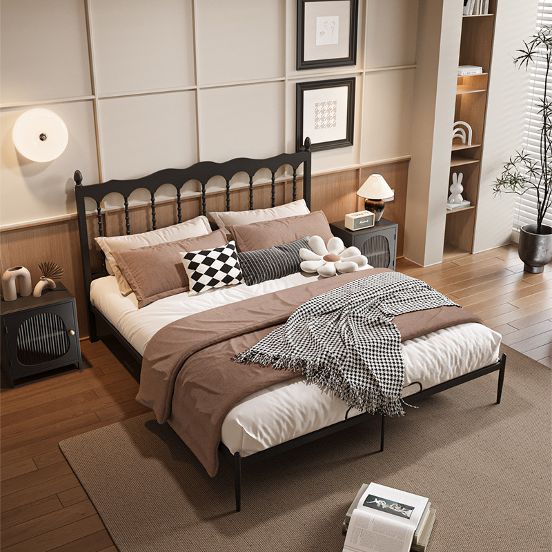 French Retro Iron Bed Black 1.5m1.8m Double Bed Modern Simple Off-White Kidsren's Bed Master Bedroom Single