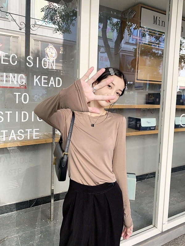 莫代尔面料修身圆领长袖打底衫面膜t恤女 秋冬内搭简约薄款上衣潮|undefined