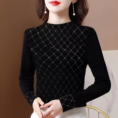 女性用のファッショナブルなホットダイヤモンドトップ、女性用のスタイリッシュでスリムな黒の春と秋の新しいスタイルのハーフタートルネック、スリムで厚みのある長袖ボトムシャツ