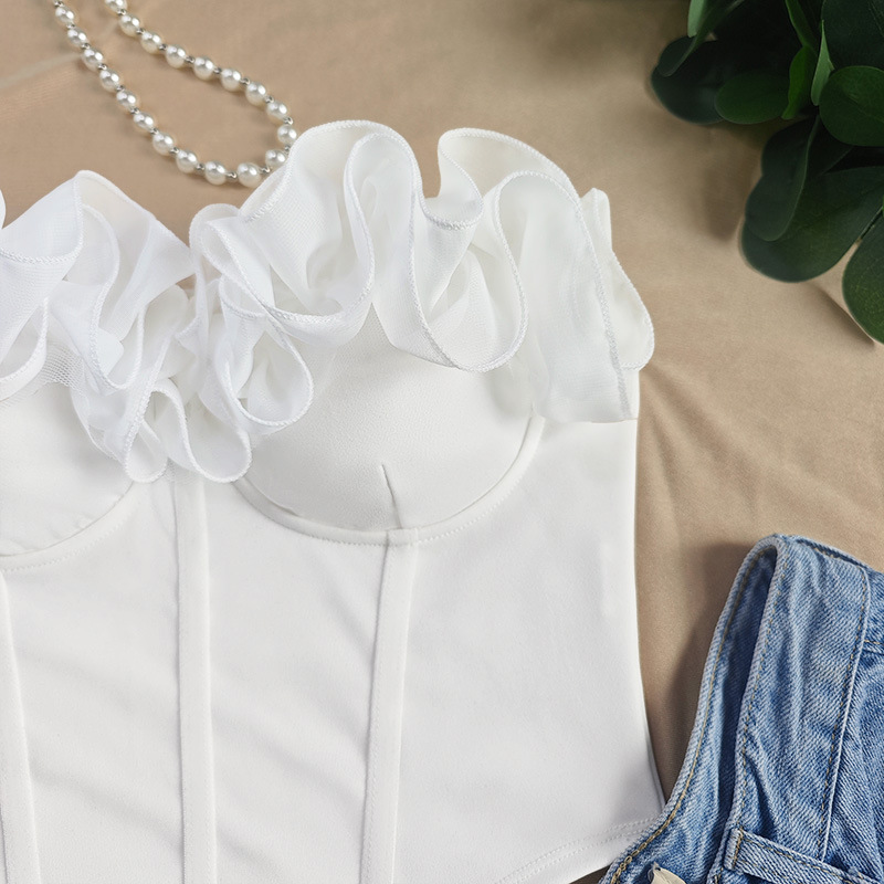 Sweet White Petal Trimmed Strapless French Retro Ruffled Top For Women Slimming Outer And Inner Wear_voghion.com