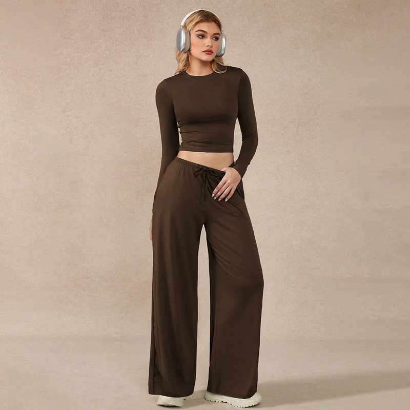 European and American Lazy Style Two-Piece Set Brown Long-Sleeved Short Crop Top Wide-Leg Casual Pants Fashionable and Comfortable Suit for Women European and American Lazy Style Two-Piece Set Brown Long-Sleeved Short Crop Top Wide-Leg Casual Pants Fashionable and Comfortable Suit for Women