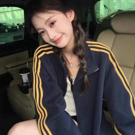 潮牌美式高街三条杠卫衣女秋季2025新款秋冬加绒厚韩系外套棒球服