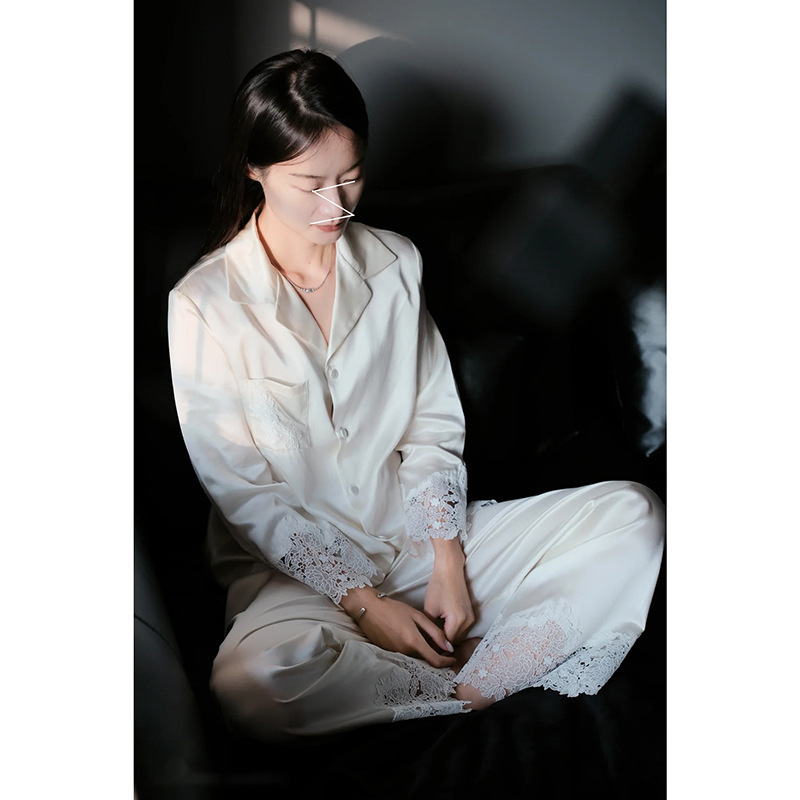 Light Luxury Satin Lace-Trimmed Ice-Feel Casual Shirt Comfortable Wide-Leg Pants Long High-End Pajama Set Loungewear Light Luxury Satin Lace-Trimmed Ice-Feel Casual Shirt Comfortable Wide-Leg Pants Long High-End Pajama Set Loungewear
