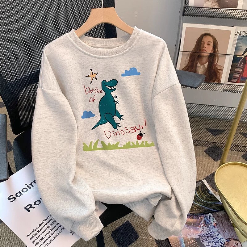 320g Chinese cotton composite Korean style fashionable dinosaur printed round neck sweater autumn and winter New funny design top 320g Chinese cotton composite Korean style fashionable dinosaur printed round neck sweater autumn and winter New funny design top