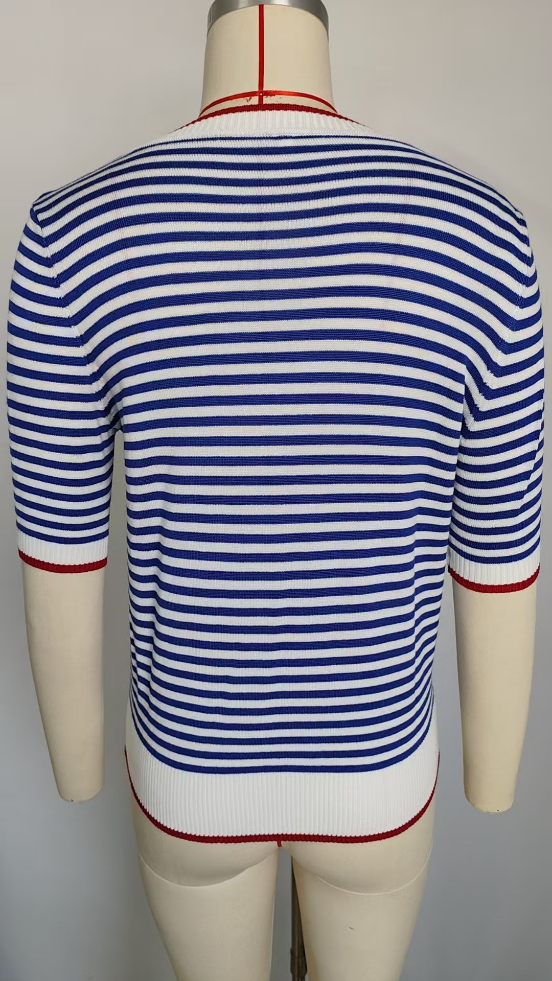 Women Clothing Summer Stripe Knitted T shirt Short Sleeve Ice Silk Contrast Color British College