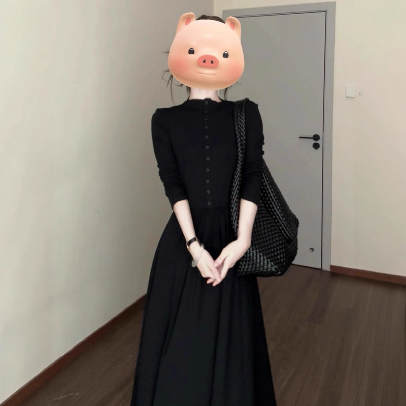 French-Style High-End Black Dress for Women, Autumn Waist-Slimming Hepburn-Style Little Black Dress, Elegant and Beautiful Long Dress