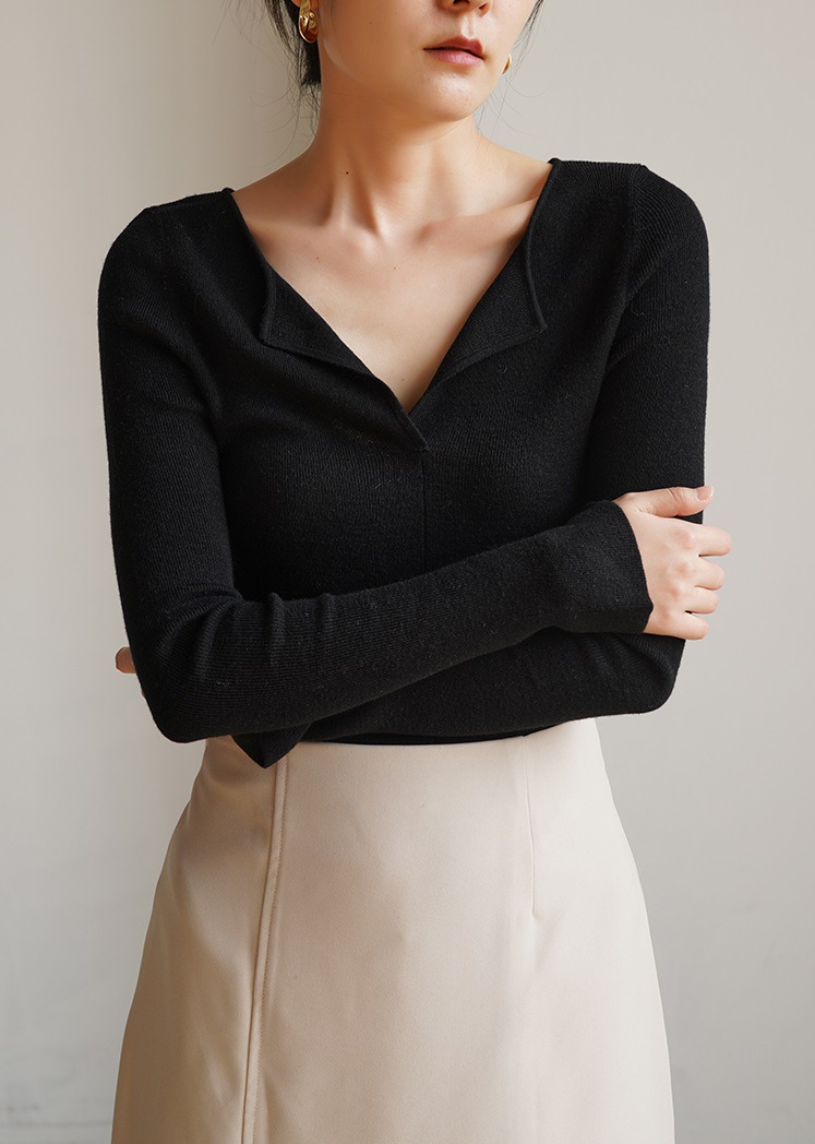 SS STUDIO フレンチスタイルのゆったりとした襟付きカシミヤVネックニットセーター レディース 秋冬用インナーウェア