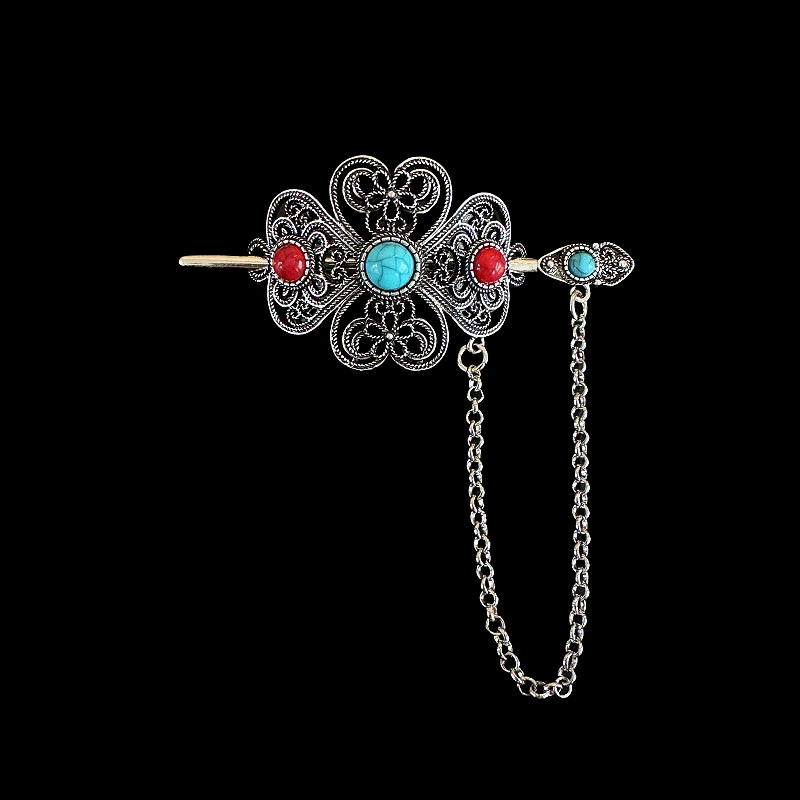 Этническая металлическая китайская шпилька для волос, turquoise каменная инкрустация, коралл Hanfu, ретро аксессуар, этнический стиль, материал