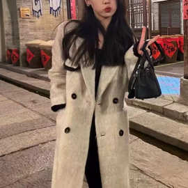 撞色韩系呢子大衣女冬季2026流行设计感加厚小香风毛呢外套女