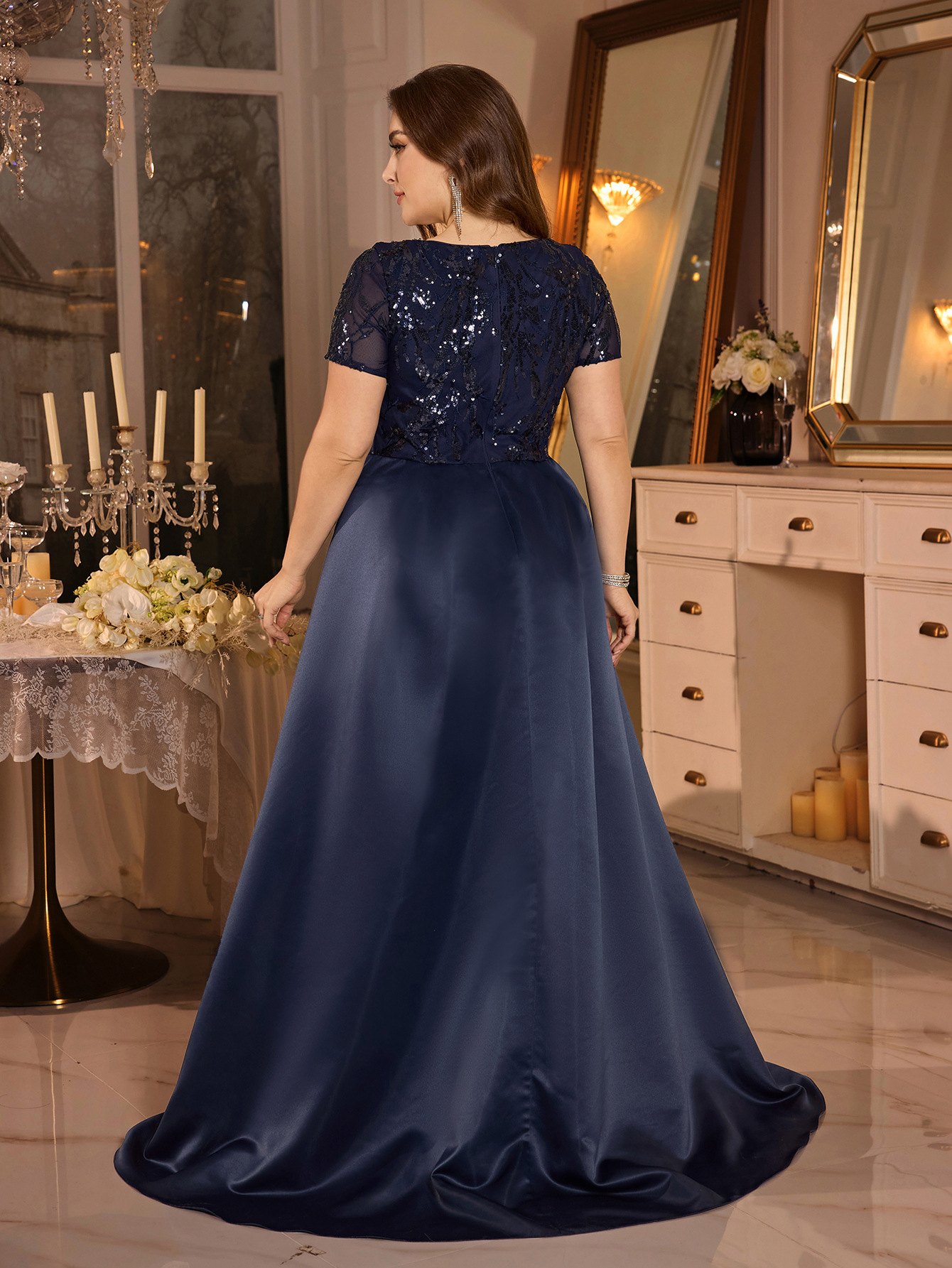 Elegant Long Evening Dress European American Style plus Size Square Neck Hand Pleated Sequined A-Line Banquet Dress Satin_ecoleips.com