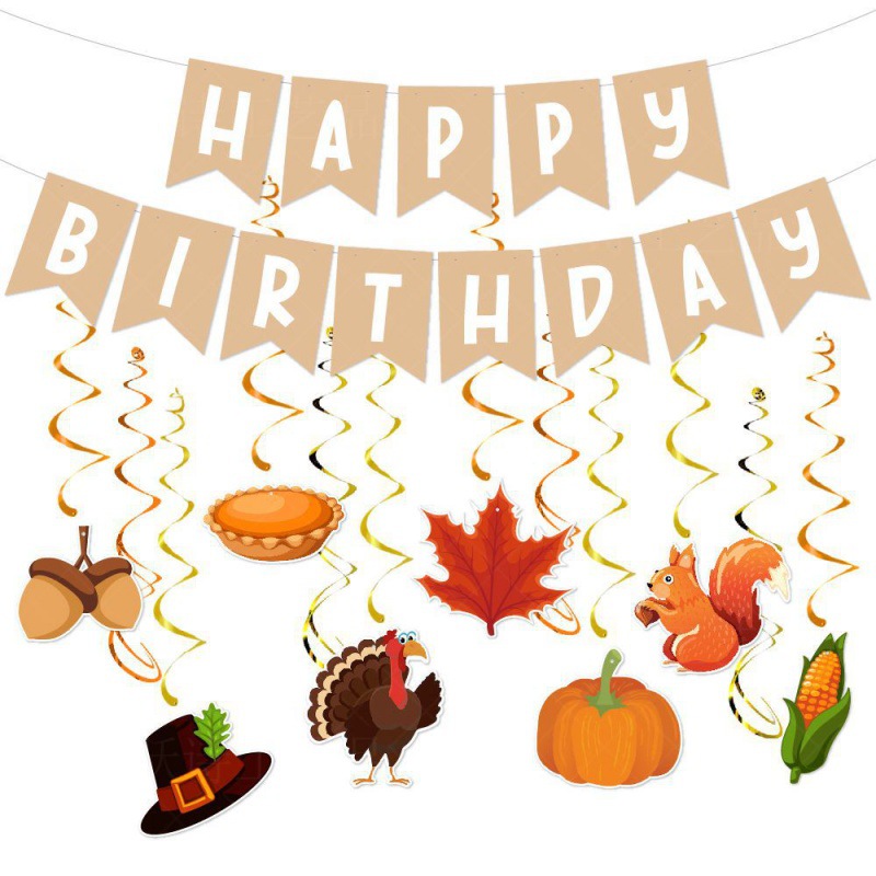 Nueva decoración de fiesta de cumpleaños de acción de gracias etiqueta en espiral feliz juego de bandera decoración de cumpleaños de otoño