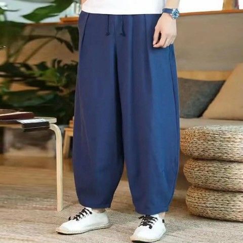 Estilo étnico primavera otoño algodón lino estilo casual holgado más tamaño bombachos pantalones largos de lino de pierna ancha para hombres de estilo chino