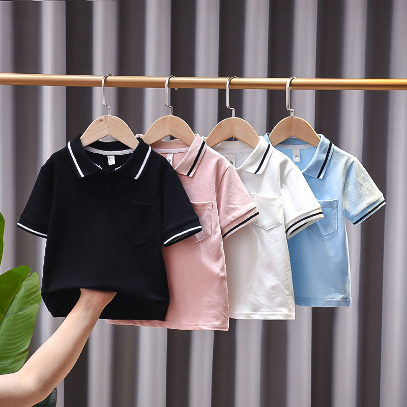 2022 summer new style children's lapel T-shirt boys' short-sleeved black striped polo shirt solid color children's and middle-aged children's multi-color optional