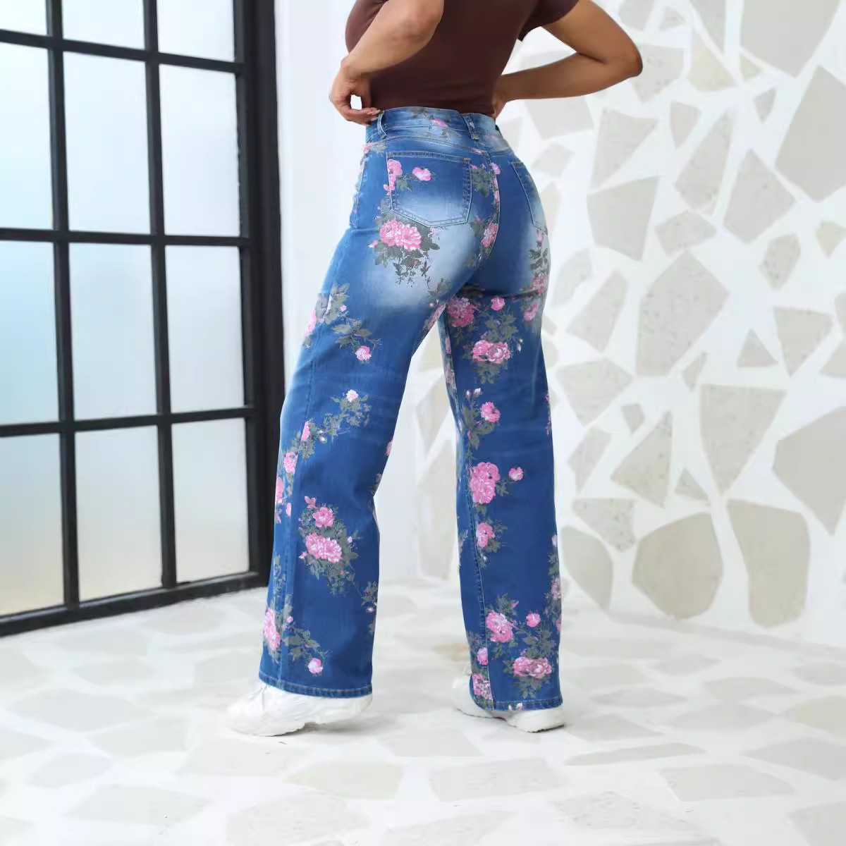 Denim Source Factory Vaqueros elásticos con estampado retro americano personalizados de alta gama para mujer Xintang denim Factory al por mayor