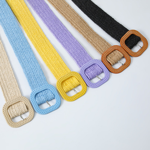 4cm wide Korean-style bohemian candy-colored square buckle PP straw woven waist belt elastic stretch versatile dress leather belt for women