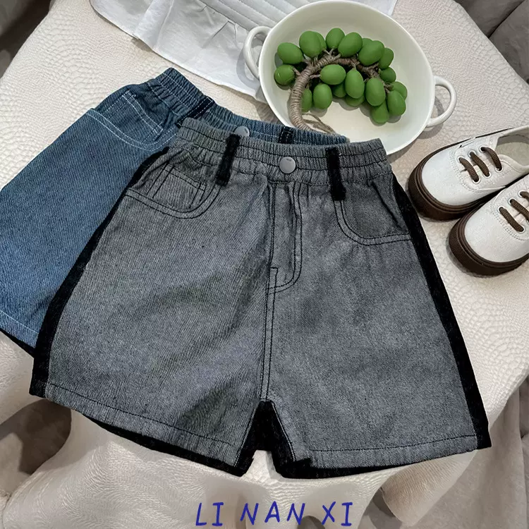 240093儿童牛仔短裤夏季薄款2025新款中裤高腰宽松设计感拼色裤子