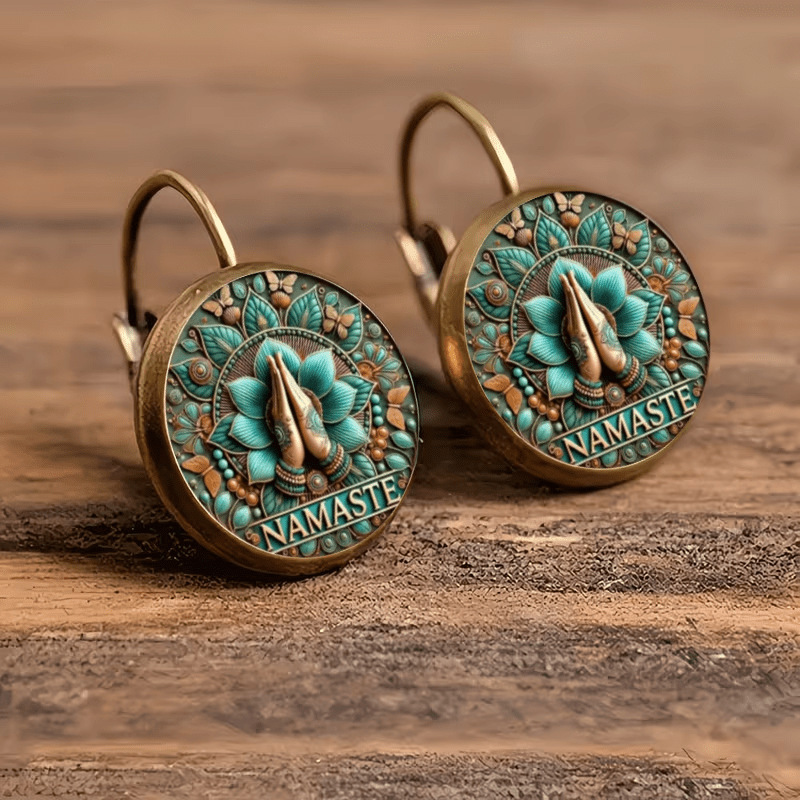 Bohemian Namaste Yoga Earrings, Lotus Hand Print Mandala Round Spiritual Practitioner Jewelry Bohemian Namaste Yoga Earrings, Lotus Hand Print Mandala Round Spiritual Practitioner Jewelry