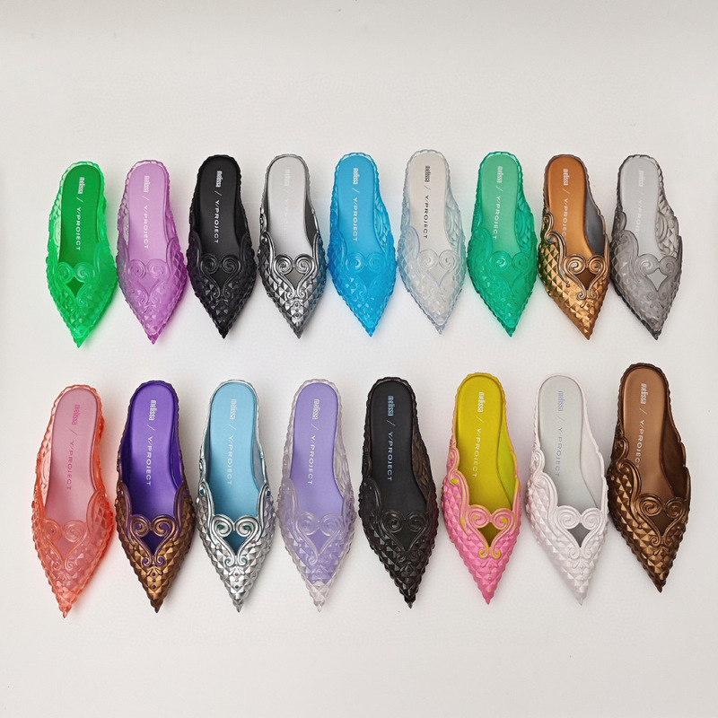 2024 Melissa Women's Pointed-Toe Shoes Witch Shoes High-Heeled Slippers Closed-Toe Half-Slip Retro Shoes Melissa