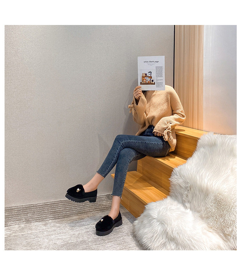 Giày lười nữ lông thỏ thật giữ ấm, đế dày gót vuông 3-5 cm, kiểu Hàn — Màu xám, Màu đen chi tiết 16