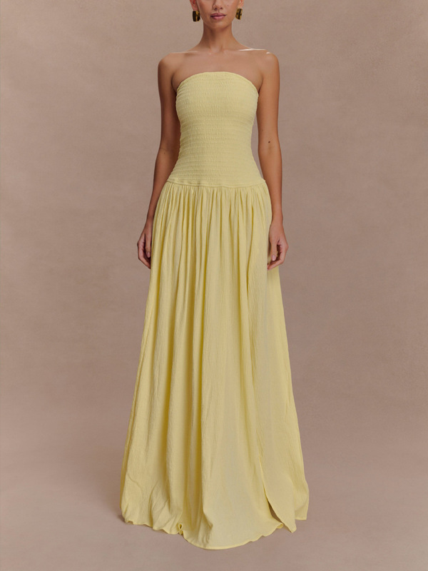 2025 European and American Cross-Border Summer Women's Fashion Solid Color Sleeveless Backless Slim Fit Ruched Strapless Long Dress New Style