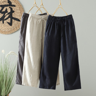 Factory Direct Sales Literary and Casual 100% Linen Women's Nine-Point Pants Pure Color Cotton and Linen Women's Small-Leg Pants