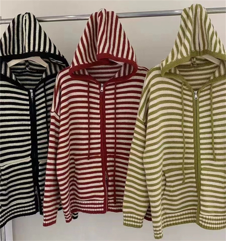 Striped cardigan sweater for women, 2022 autumn new style, loose zipper, outerwear, laid-back style knitted top jacket for women pic 21