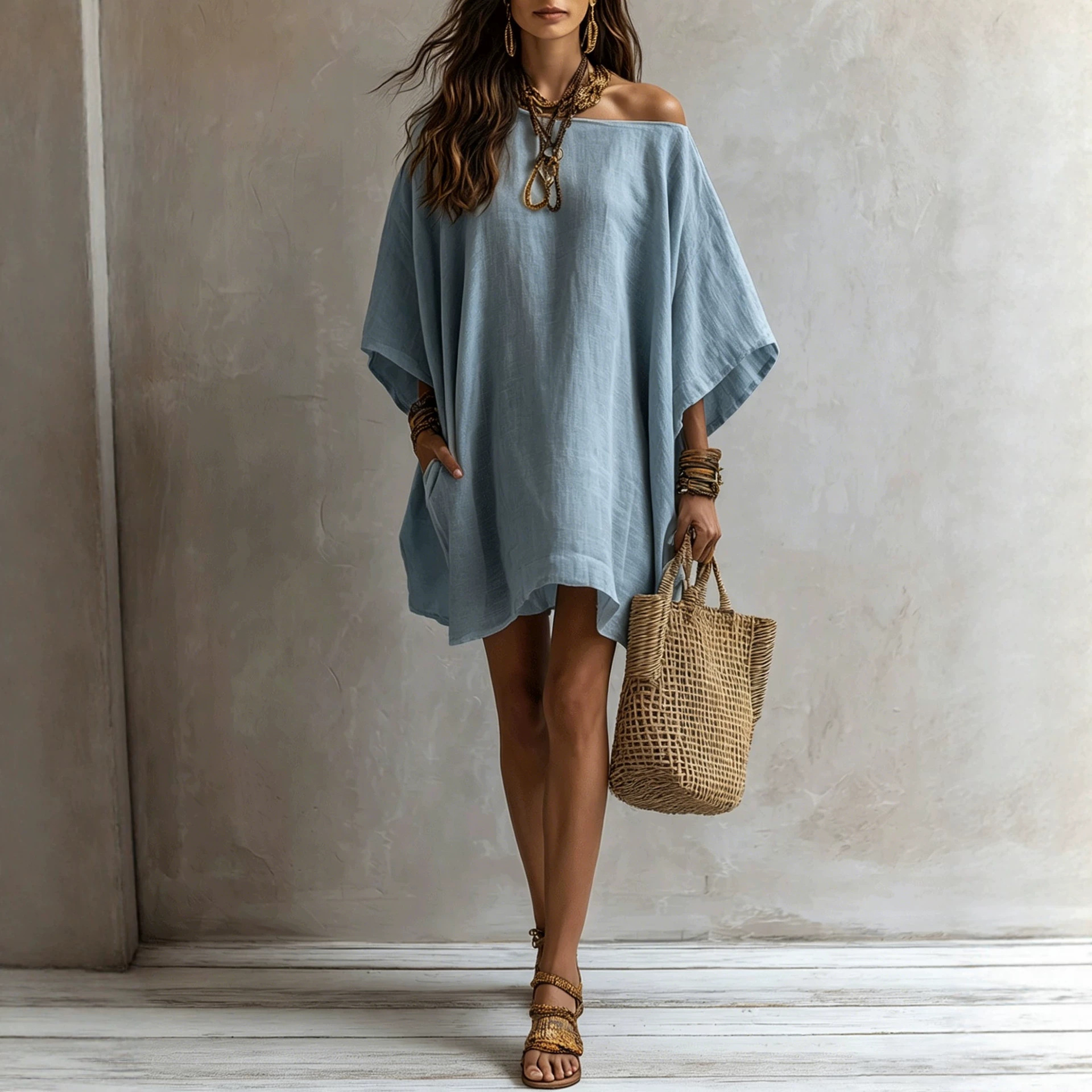 2026 New Amazon Best-Selling Off-Shoulder Cotton and Linen Dress for Women, Loose Batwing Sleeves, Pocketed Mid-Length Vacation Dress