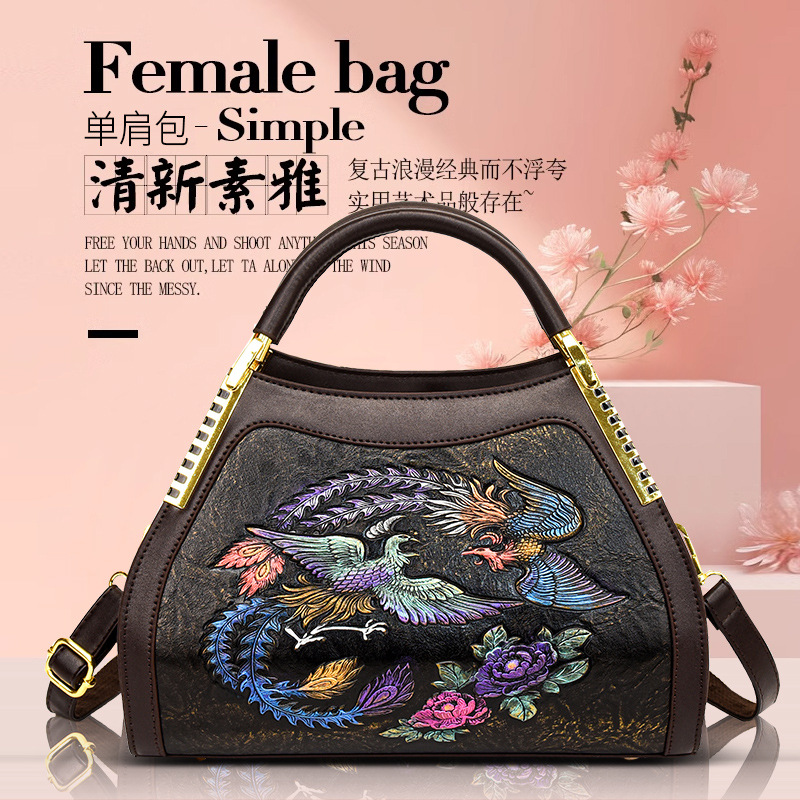Luz de lujo de alta calidad retro nacional china en el viento de las madres mayores bolsas de mano en relieve de mujeres bolsas de hombro de un solo hombro