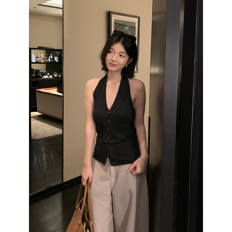Yuanpai Deep V-Neck Tencel Wool Knitted Vest 2026 Summer Commuting Style Single-Breasted Sleeveless Top A6053