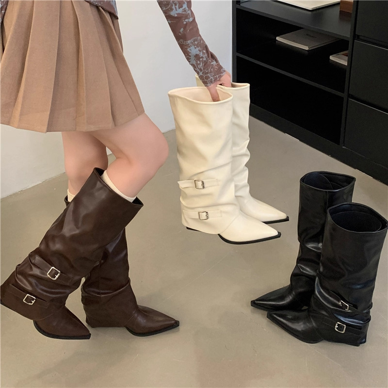 Pointed Toe Trouser Boots for Women, Pleated Pile Boots, Thick Heel Punk Style Knight Boots, Street Hot Girl High Heel Boots