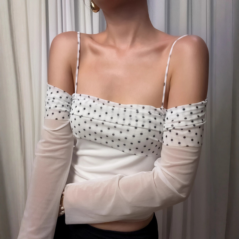 French-Style Pure Desire Sexy Spaghetti Strap Bandeau Polka Dot T-Shirt European and American Autumn Versatile Fashion Slim Mesh Patchwork Top