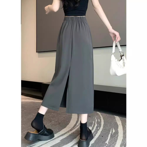 Glossy Stretch Waist Grey Suit Fabric Skirt for Women - Summer Bodycon A-line Skirt, High-Waisted Slimming Skirt with Slits, Mid-Length Dress