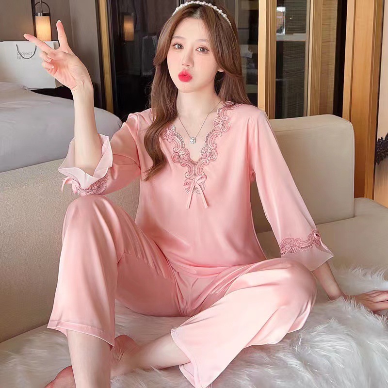 Ladies' Silk Pajama Set Home Wear Spring and Summer Thin Ice Silk Satin Face High-End Long Sleeve Set Sexy Lace Edge