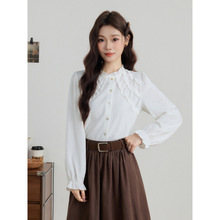 日系文艺女装少女荷叶边立领白色衬衫女设计感百搭打底气质衬衣