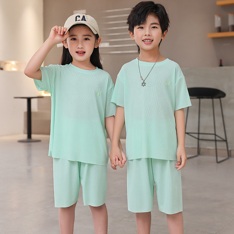 Children's Ice Silk Pajamas Summer Thin Short-Sleeved Shorts 2-Piece Set for Older Boys and Girls Home Clothes Set Summer Style