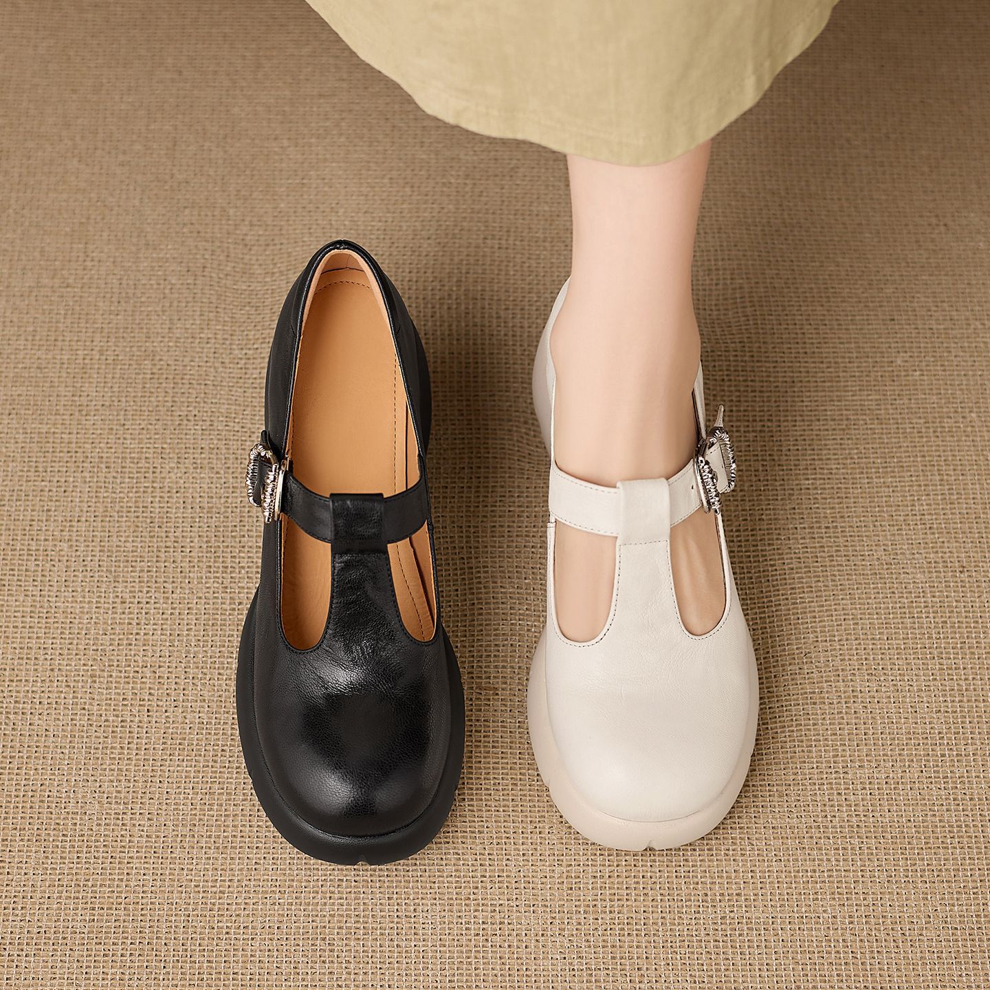 Giày Mary Jane nữ da cừu cao cấp gót vuông 8 cm quai ngang khóa chữ T — màu đen