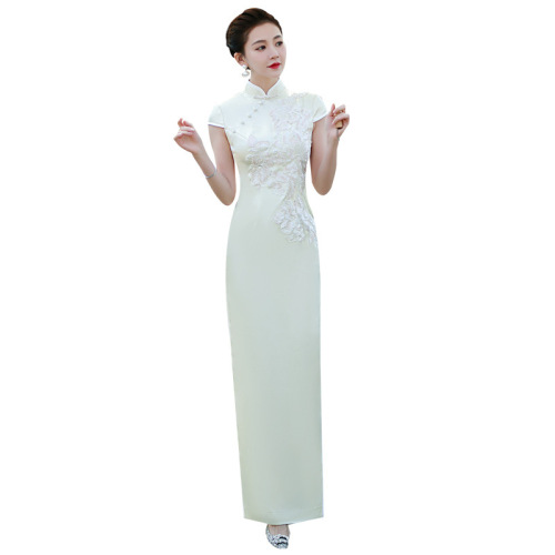 Ivory Runway Chinese Dresses for womeng girls cheongsam retro qipao lace embroidery qipao dress costumes long classical miss etiquette host singers banquet dresses