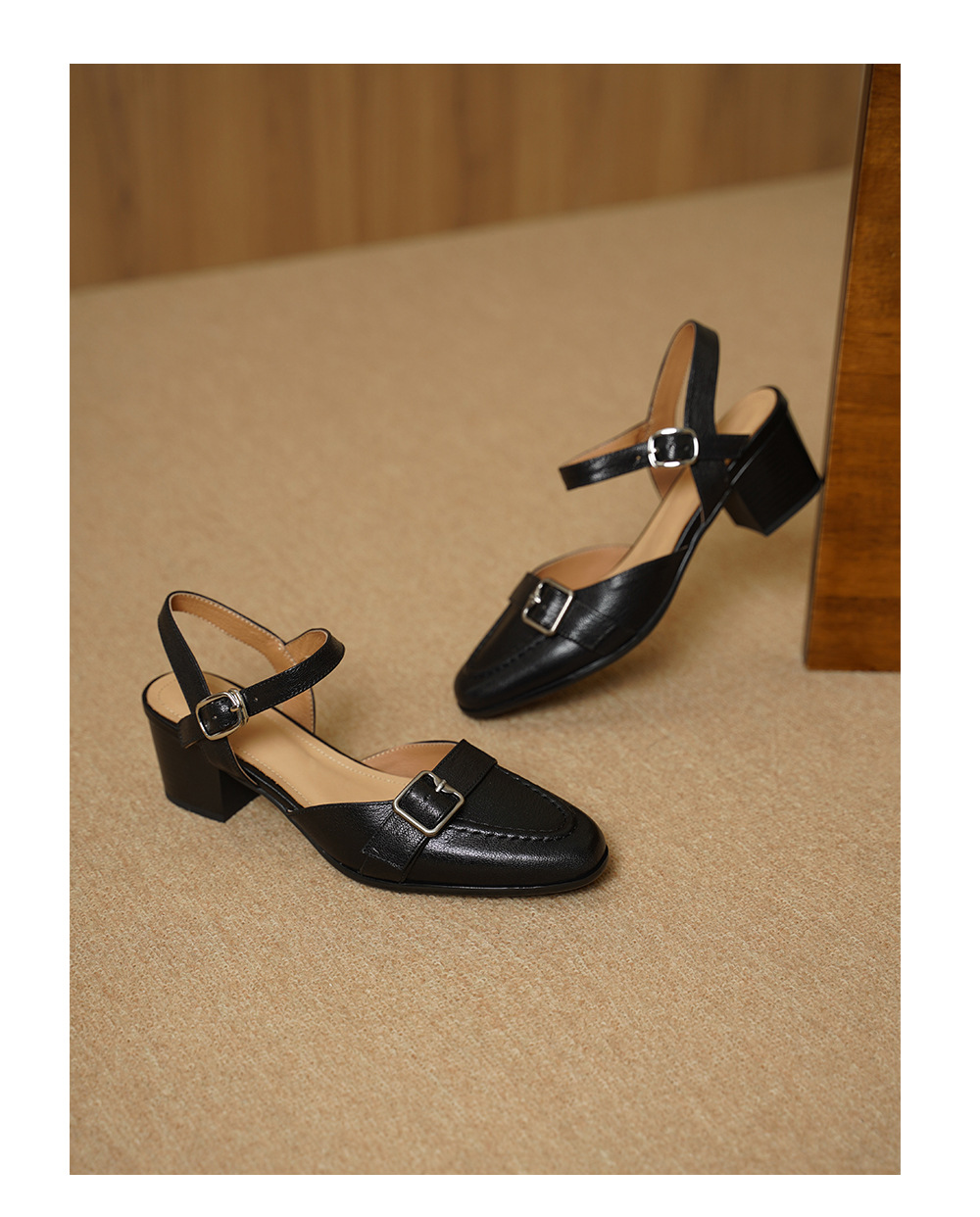 Sandal cao gót nữ hở mũi quai ngang khóa cài, gót 5 cm — đen chi tiết 15