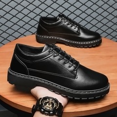 Men's Spring and Autumn New Style Korean Style Leather Shoes, Men's Slip-On Casual Shoes, Height Increasing Martin Boots, Black Waterproof Chef Shoes
