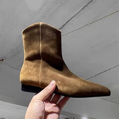 牛皮版~韩版复古磨砂尖头瘦瘦靴女冬季加绒粗跟西部牛仔马丁短靴