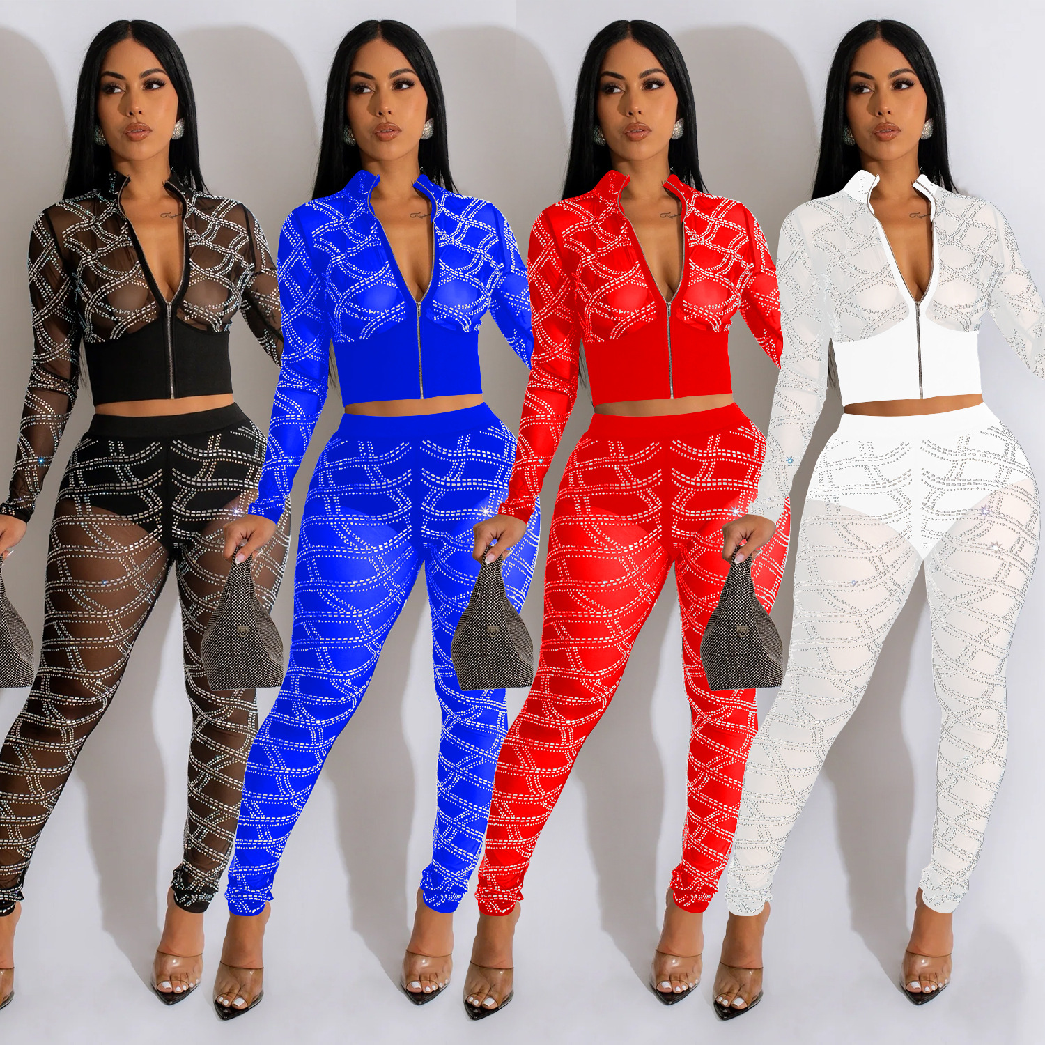 C6548 transfronteriza AliExpress Amazon ropa de mujer de moda europea y americana malla de color sólido rhinestone pantalones de manga larga conjunto de dos piezas