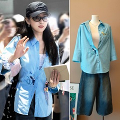 【出荷済】宋祖児と同じ青いマカロンの格子シャツ女性のゆるいカジュアルな上着の新製品