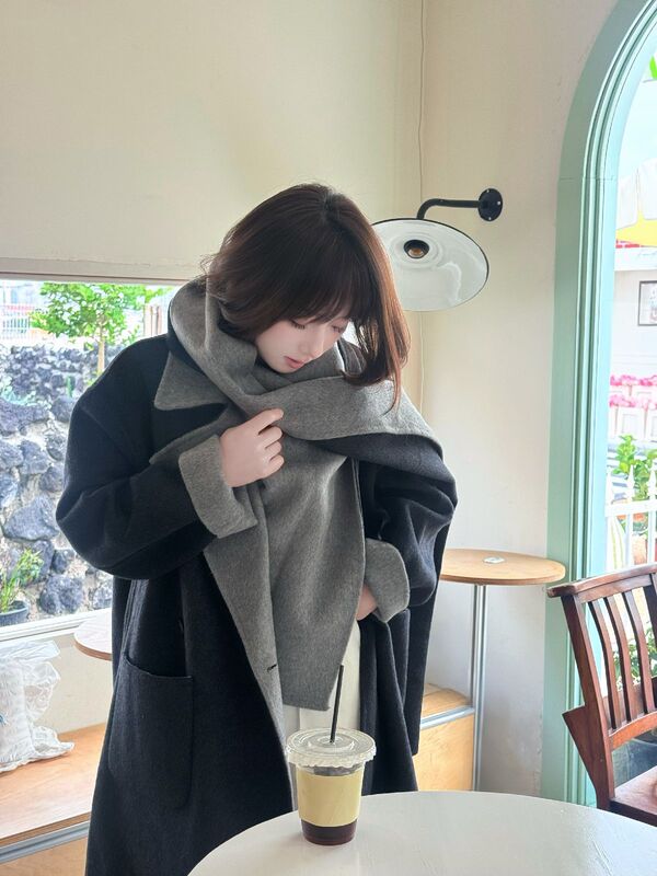 双面羊绒大衣女2025秋冬新款拼色长款慵懒宽松带围巾羊毛女外套|undefined