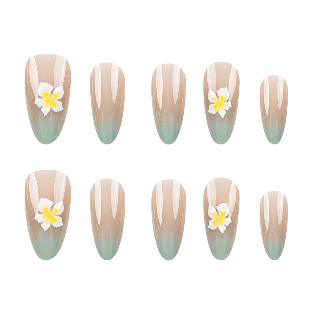 3D relieve color nude gradiente manicura verde 10 piezas parche de uñas de código dividido flores frescas lindas uñas portátiles hechas a mano