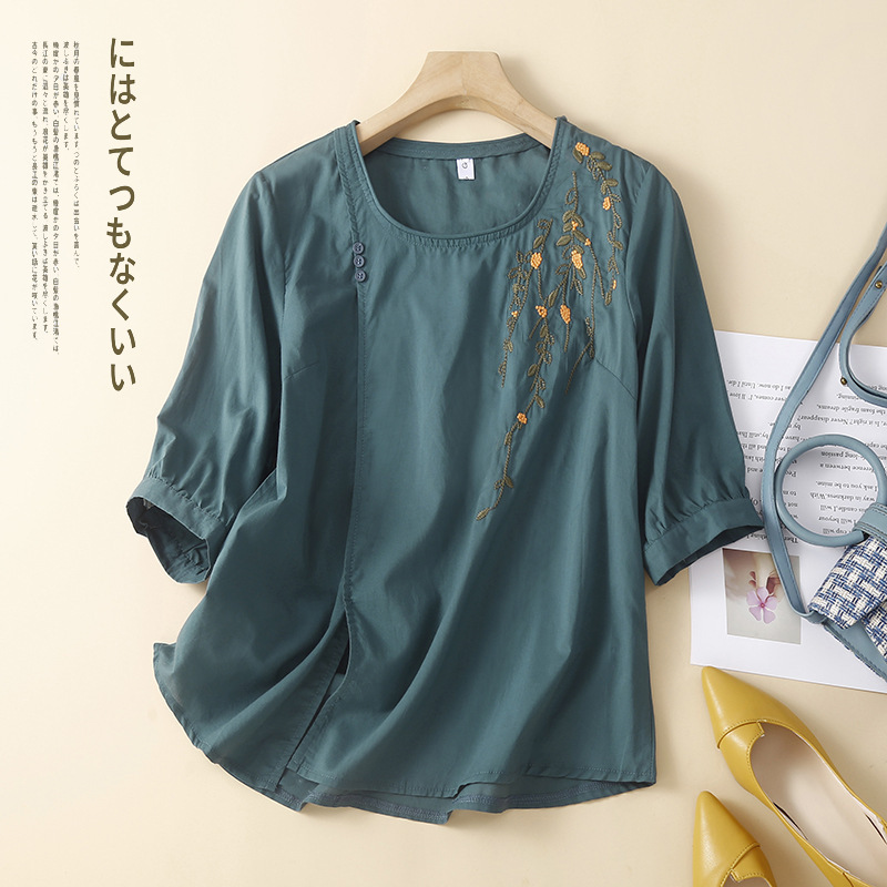 Three-quarter sleeve literary retro cotton and linen top for women…